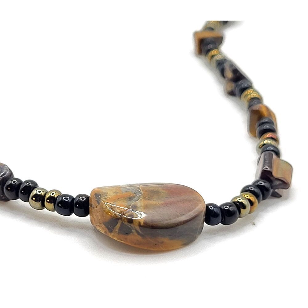 Artisan Handmade Black Onyx Mother of Pearl Agate Station Necklace 15in